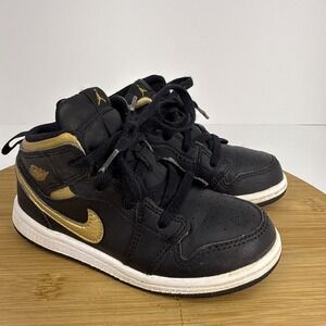 Nike Air Jordan 1 Mid Shoes Black Metallic Gold DQ8425-071 Toddler Size 10C